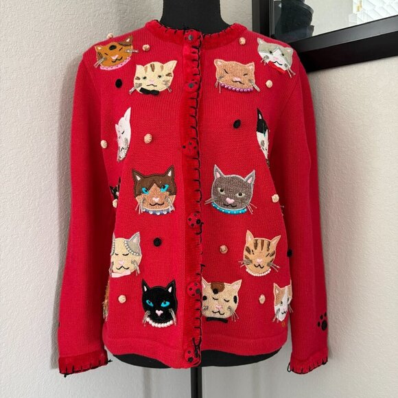 VINTAGE 80s Berek by Takako Sakon Red Cat Cardigan Sweater Medium - Picture 3 of 15
